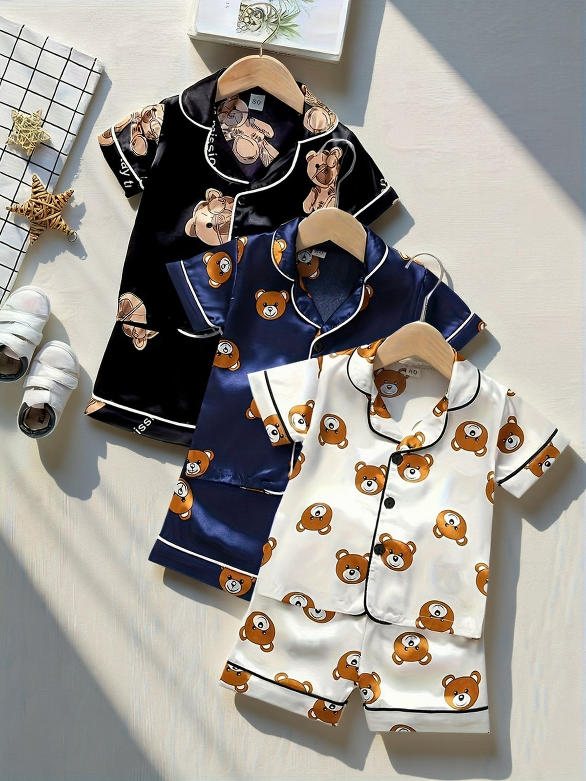 3 sets - 6pcs Boys' Fashion Cartoon Short Sleeve Open Front Pajama Set
