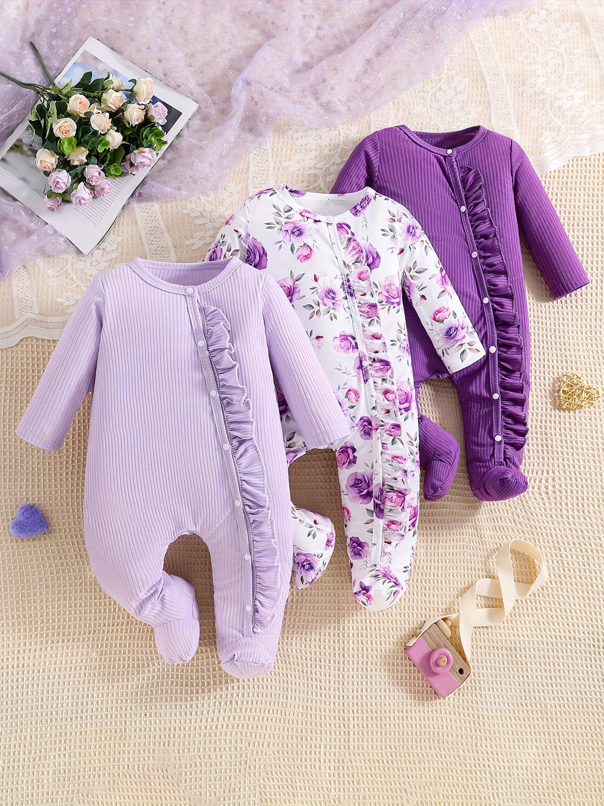 3pcs Baby Girl Floral Print and Solid Color Long Sleeve Romper Set