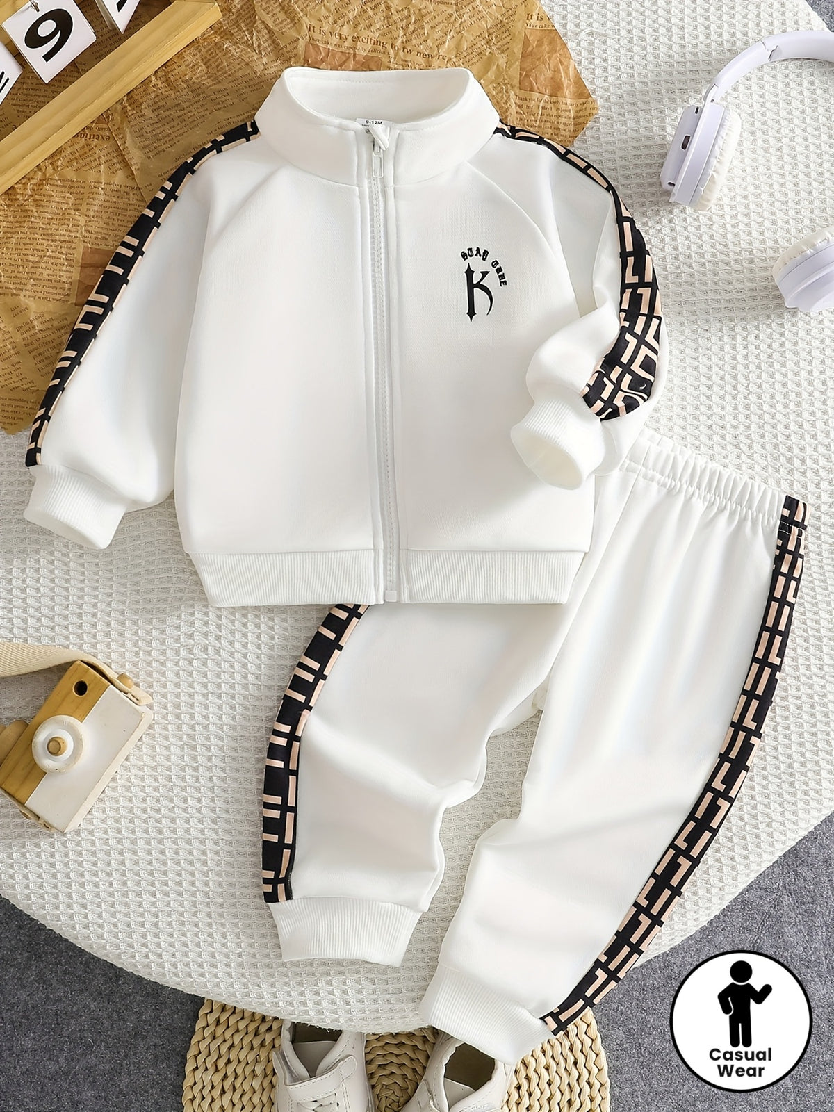 Cute Baby Boy White Stand-Up Collar Tracksuit with Side Stripes, Handsome Casual Two-Piece Set, Daily Wear, Cute Wear, Handsome Wear, for Outdoor