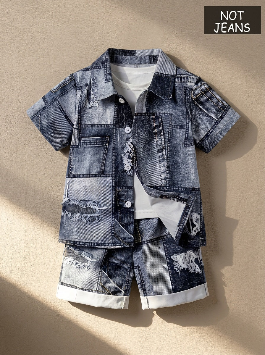 Boys' 2pcs Set, Casual Outfit for Boys, Popular Printed Imitation Denim Shirt with Short Sleeves and Shorts, Comfortable Casual Wear, Perfect for Outdoor