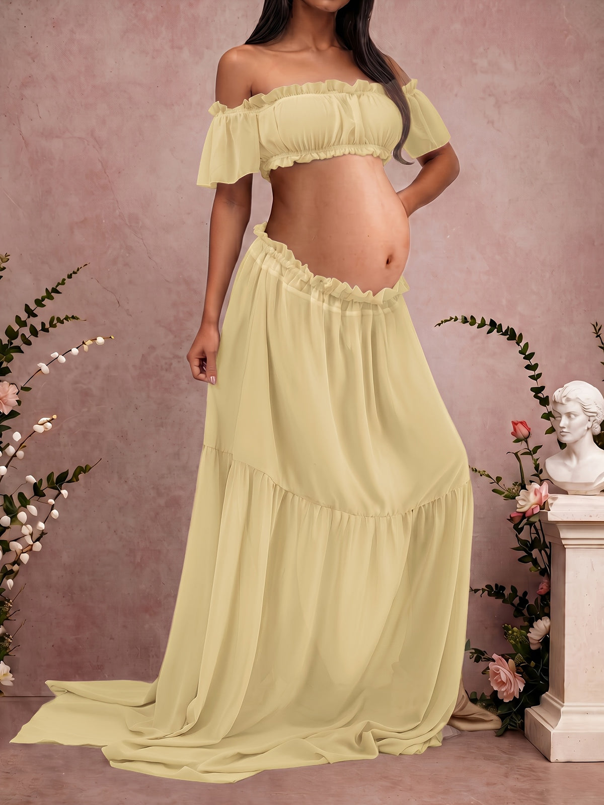 Maternity Chiffon Elastic Off-Shoulder Ruched Two-Piece Outfit, Yellow Ruffled Crop Top And Floor-Length Maxi Skirt, Pregnancy Photoshoot Dress for Shower, Casual Loungewear for Expectant Mothers