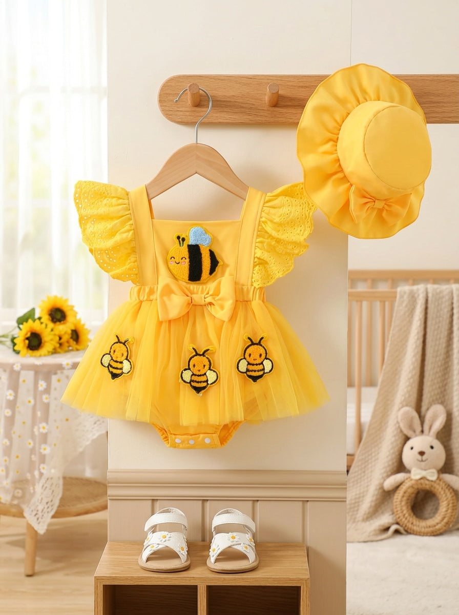 2pcs Summer Newborn Baby Girl Cute Cartoon Bee Bowknot Romper with Triangle Bodysuit & Matching Hat, Suitable for Outdoor Play, Perfect for Outdoor