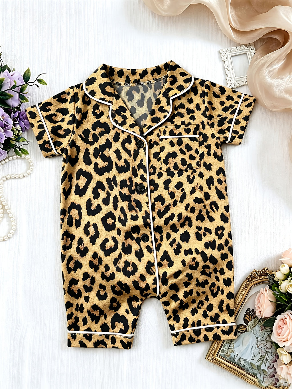 Baby Leopard Print Lapel Button Short Sleeve Romper