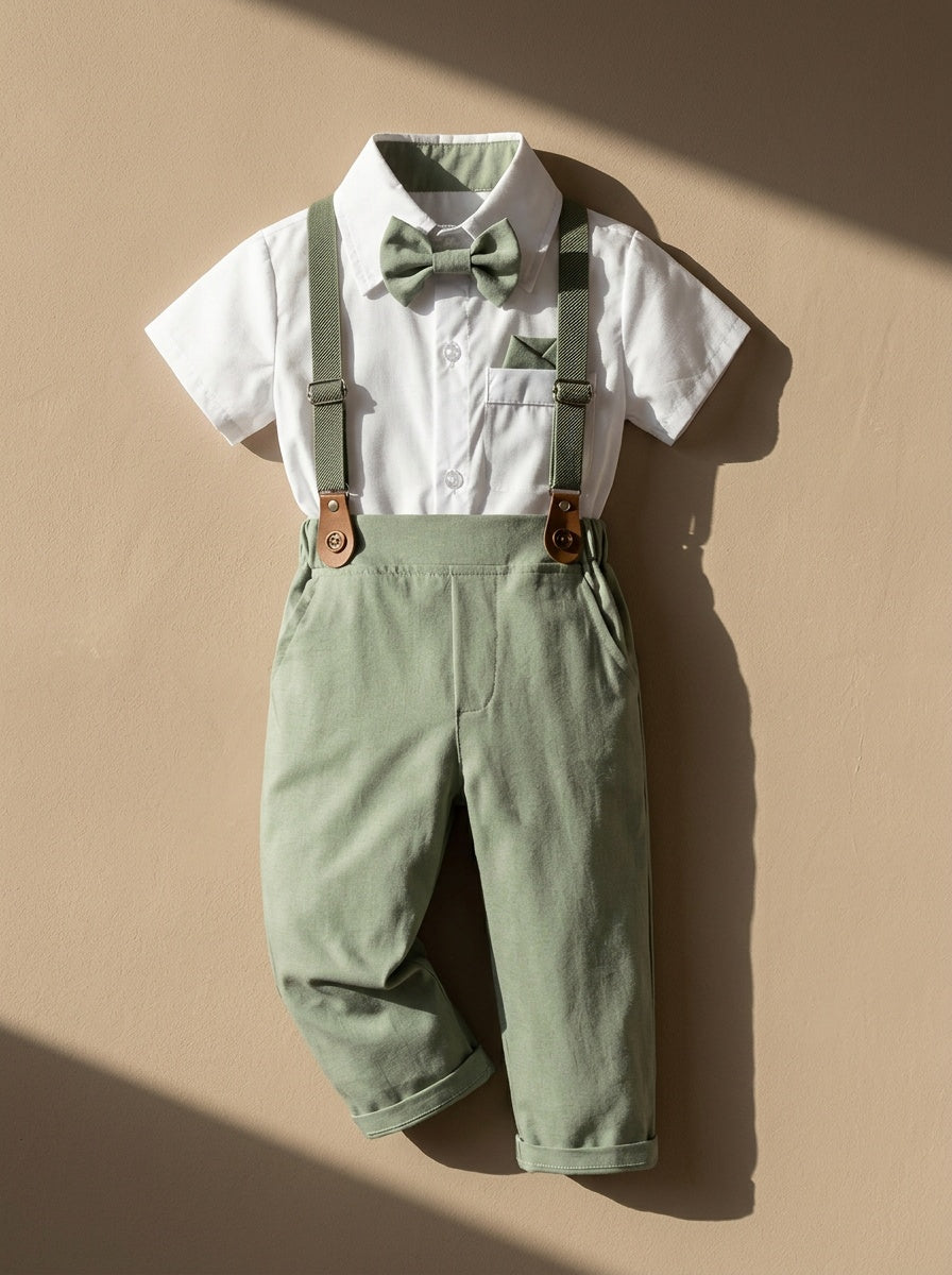 Boarnseorl Boys' Gentleman Set Two-Piece White Short Sleeve Shirt with Bow Tie and Green Long Pants Overalls Fashion Romantic Formal Wear for Performances, Parties, and Outdoor Activities