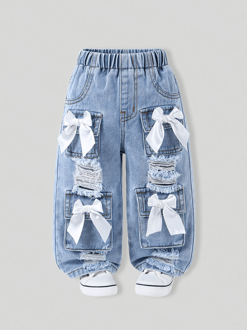 Light Blue & White Distressed Denim Jeans with Bow Decorations - High-Elasticity Waistband, Loose Straight-Leg Pants Suitable for Autumn, Washed for Softness, Machine Washable Wear