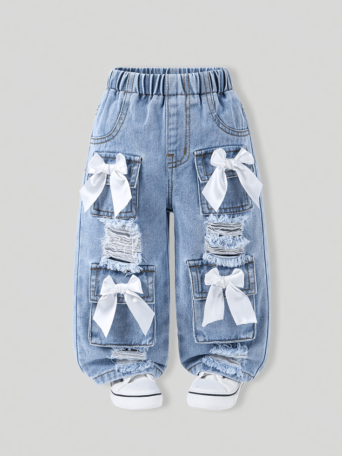 Light Blue & White Distressed Denim Jeans with Bow Decorations - High-Elasticity Waistband, Loose Straight-Leg Pants Suitable for Autumn, Washed for Softness, Machine Washable Wear