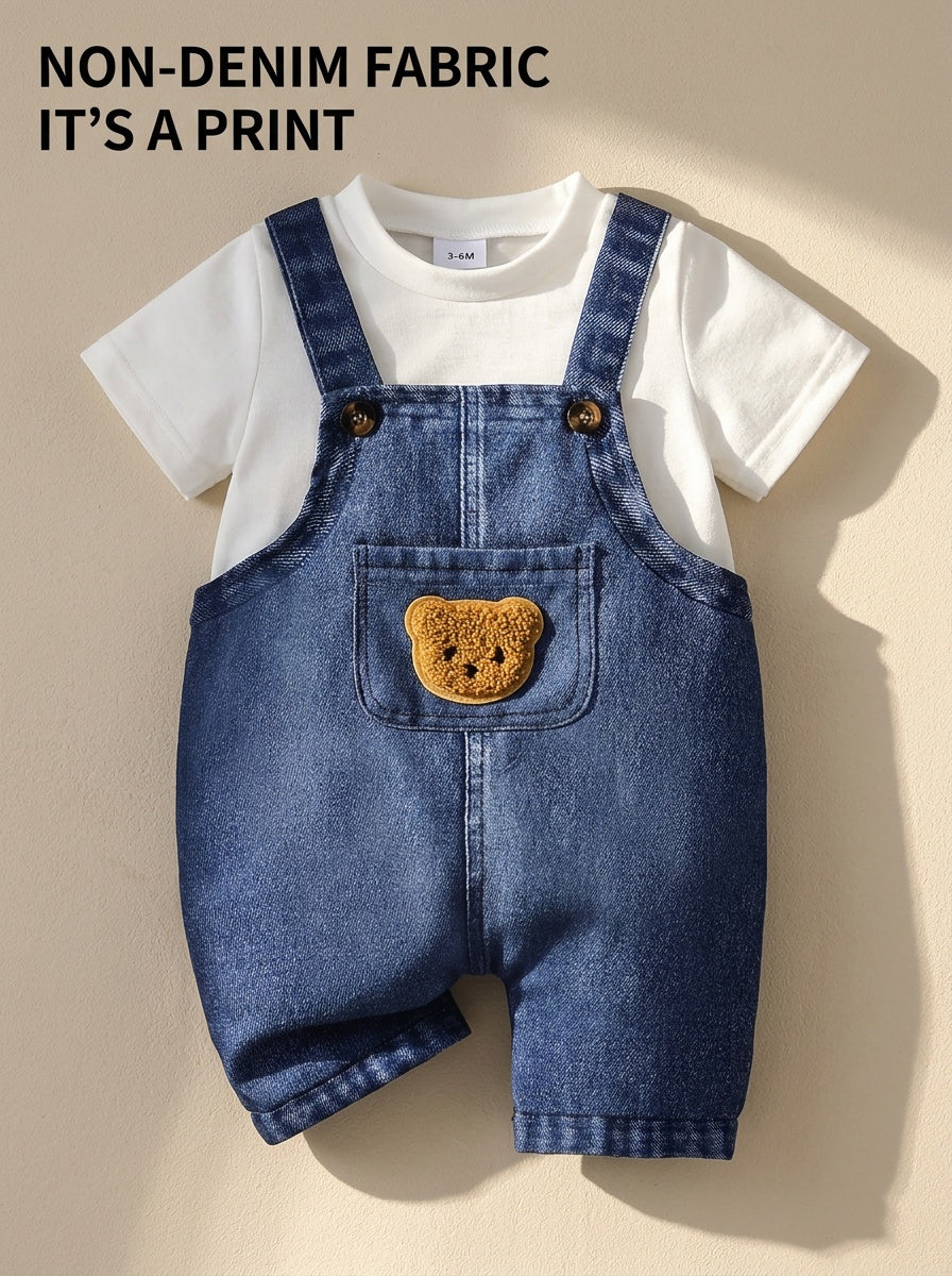 Fashionable Boys' Solid Color Short-Sleeve T-Shirt and Denim Overalls with Pockets