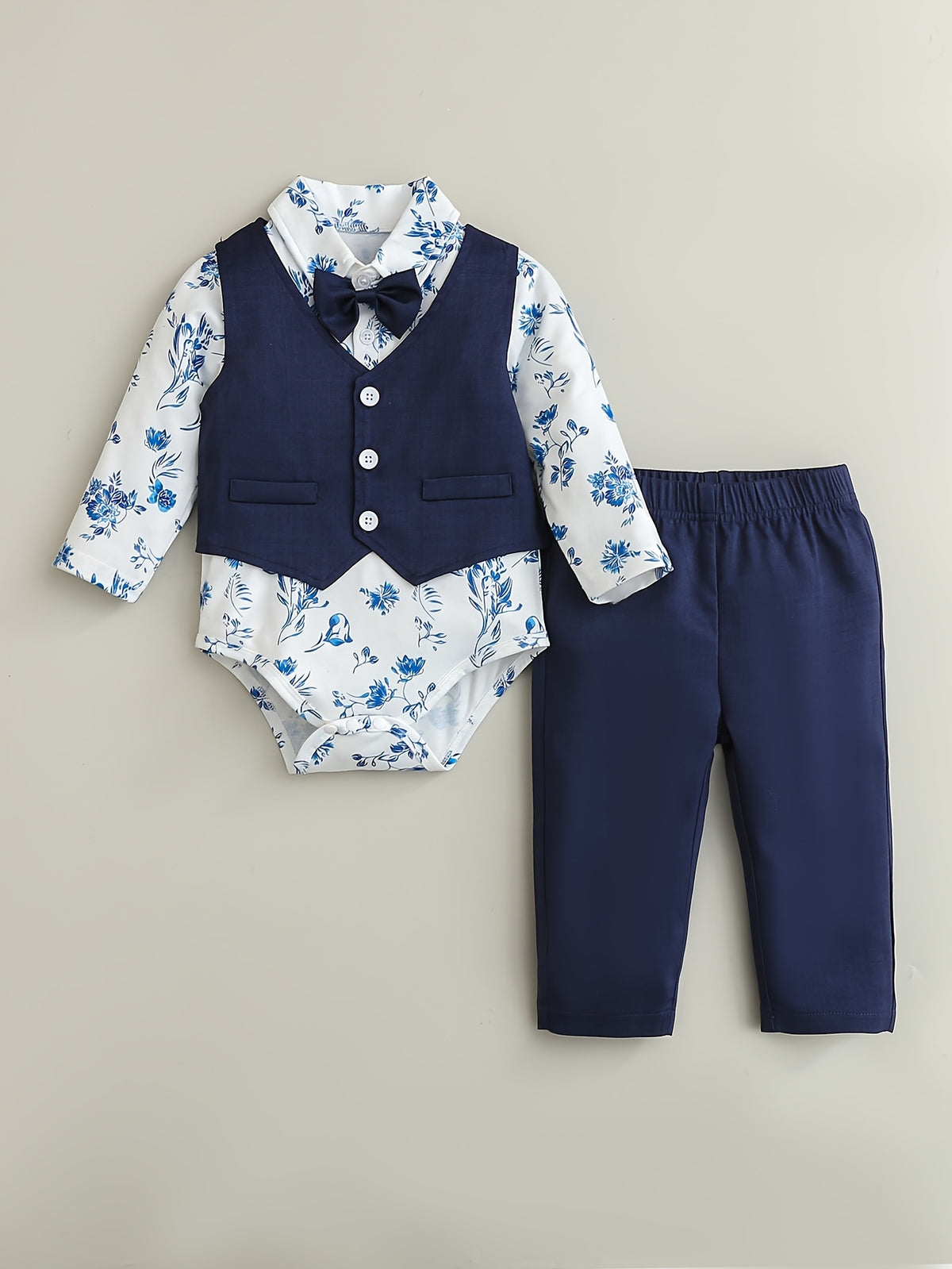Boys' Fashion Gentleman Set, Long-Sleeved Patterned Romper with Vest and Pants 3pcs Outfit, Autumn/Winter Style