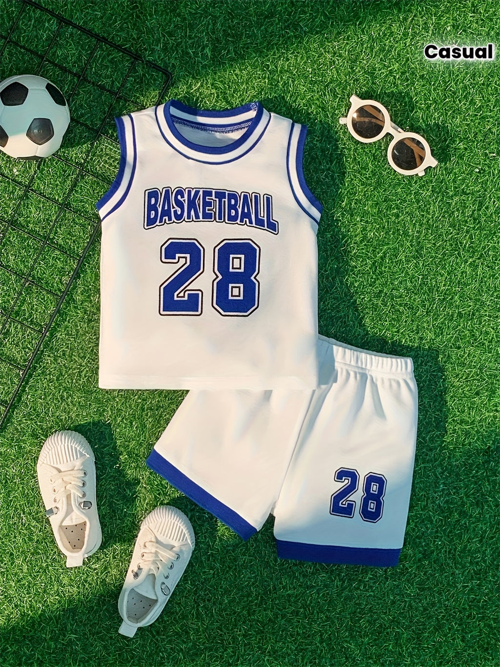 2pcs Infant Toddler Newborn Set, Athletic Style Basketball Number 28 Print, Contrast Ribbed Collar/Cuffed, Contrast Blue Patchwork Pants, Suitable for Outdoor Activities, Athletic Casual, Boys And Girls Clothes