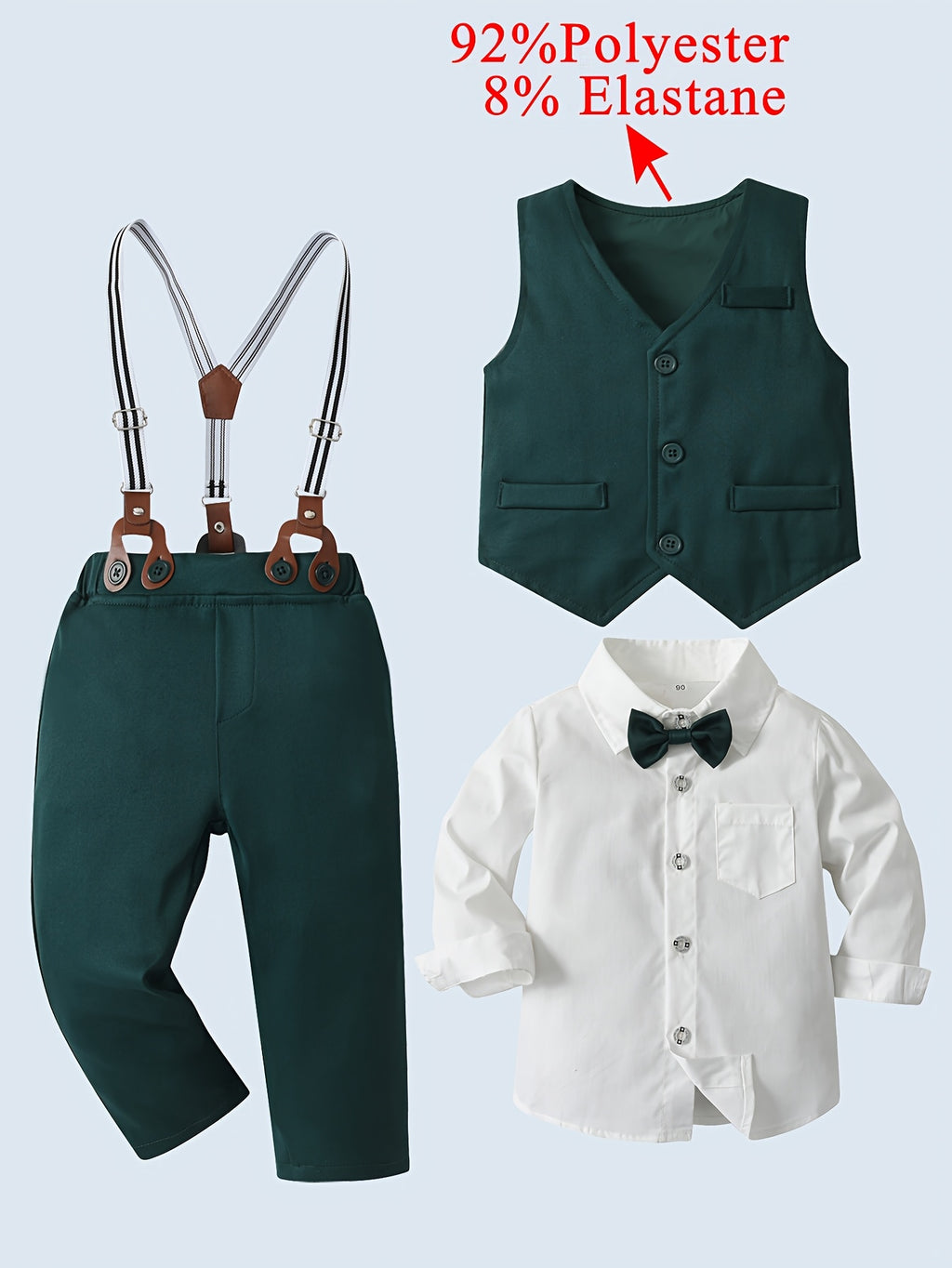 Boarnseorl Boys' Gentleman 3pcs Set: Long-Sleeve Shirt with Bow Tie, Dark Green Vest, and Trousers, Suitable for Birthday Parties, Weddings, Banquets, and Performances