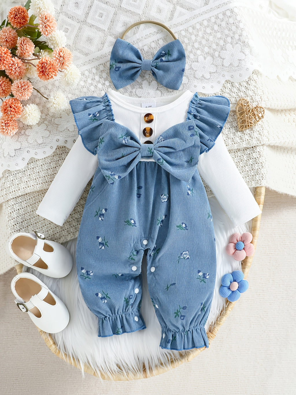 Baby Girl Cute Floral Bowknot Long Sleeve Romper