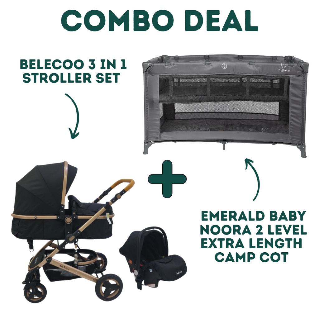 3 in 1 - Belecoo Stroller Set + Emerald Baby Noora 2 Level Extra Length Camp Cot