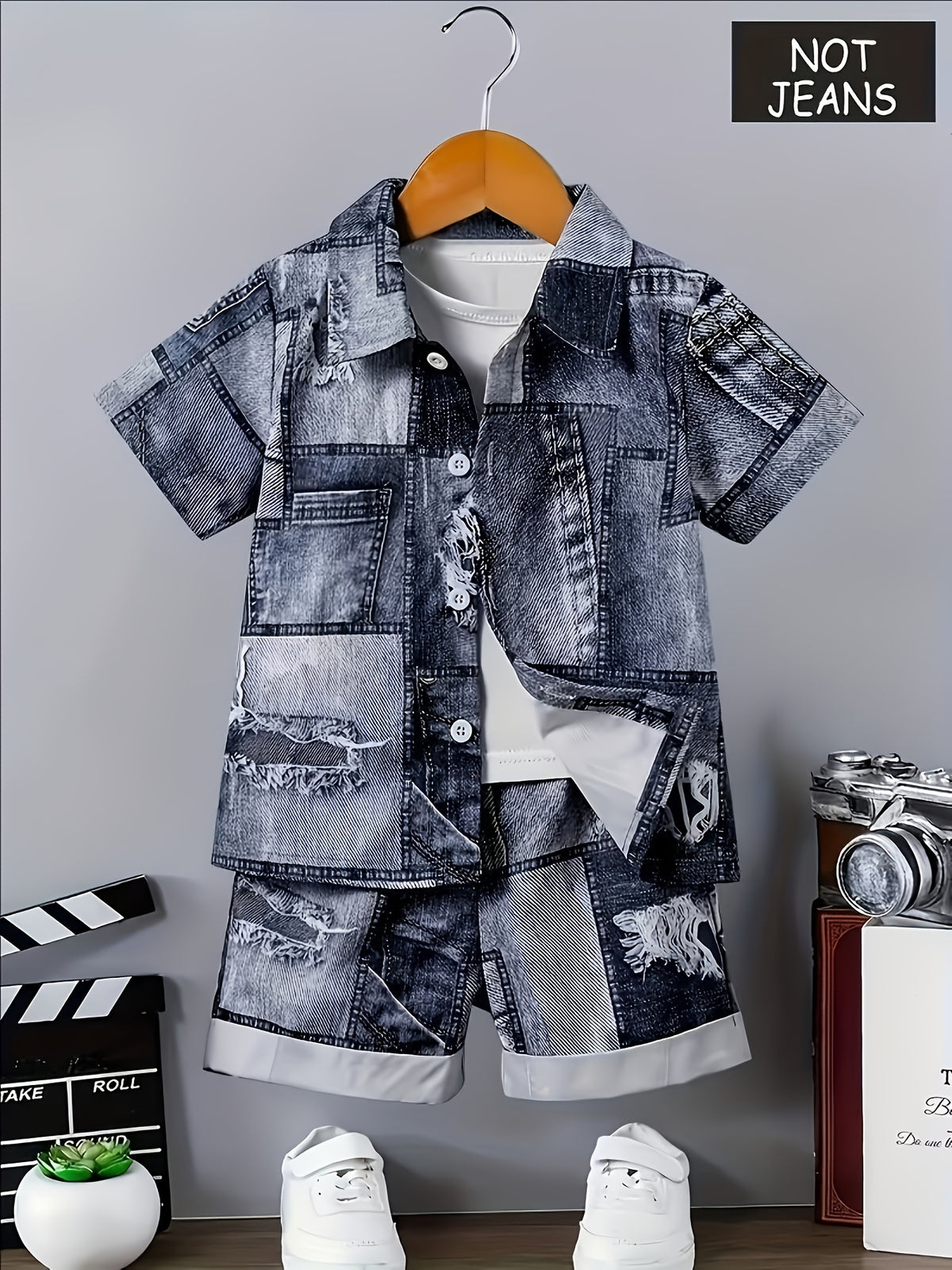 Boys' 2pcs Set, Casual Outfit for Boys, Popular Printed Imitation Denim Shirt with Short Sleeves and Shorts, Comfortable Casual Wear, Perfect for Outdoor