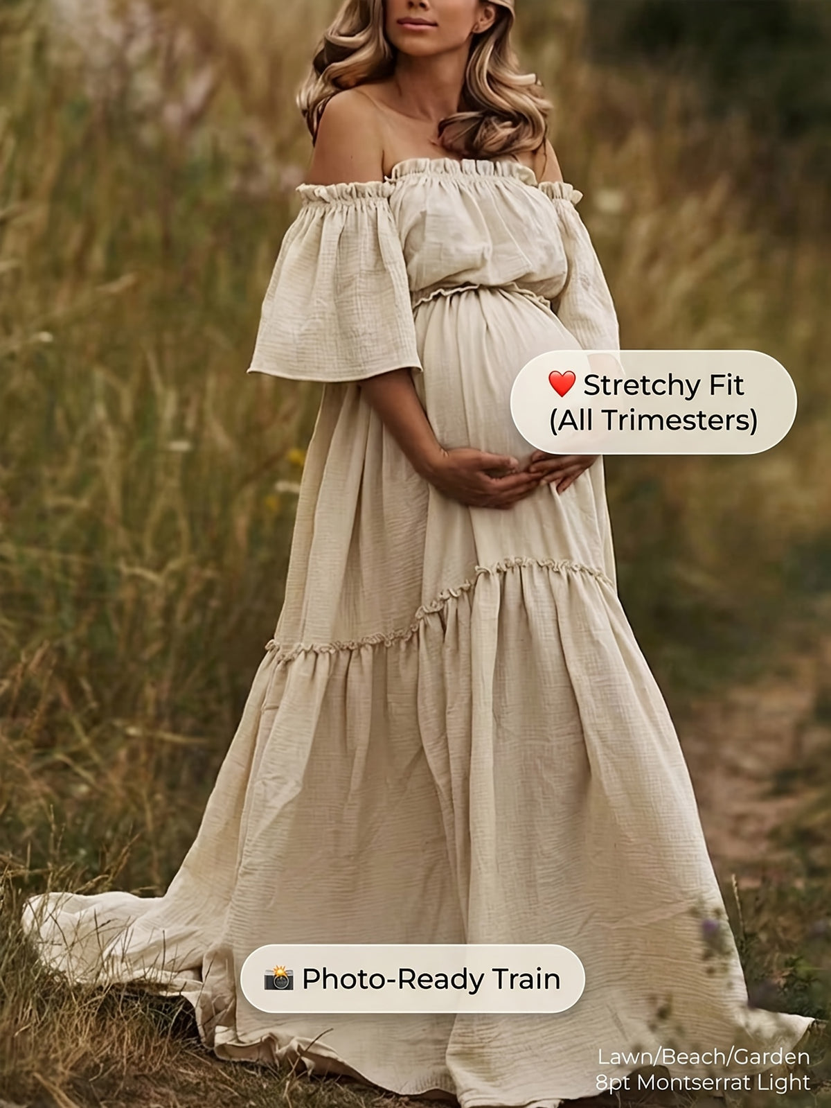 Maternity Off-Shoulder Maxi Dress Ruffled Tiered Flowing Long Gown with Train for Photoshoot Shower