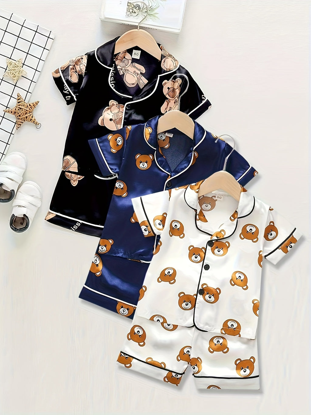 3 sets - 6pcs Boys' Fashion Cartoon Short Sleeve Open Front Pajama Set
