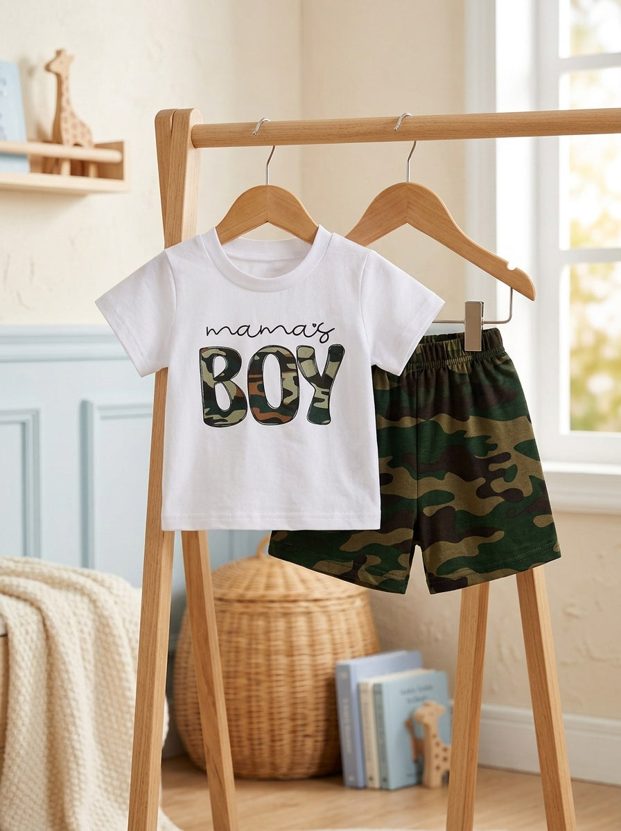 P101187 Boys' White Letter BOY Short Sleeve Top + Camouflage Shorts Set, Perfect for Outdoor