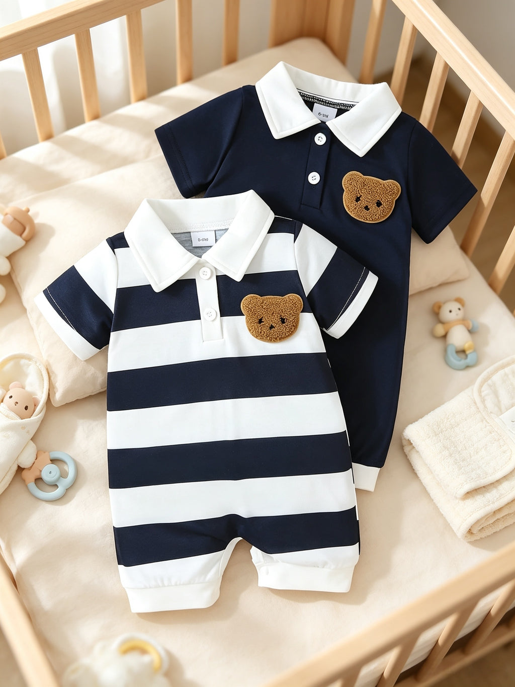 Boys' Casual 2pcs Set: Striped Open-Collar Short-Sleeve Top + Solid Color Open-Collar Romper with Small Bear Embroidery, Perfect for Outdoor