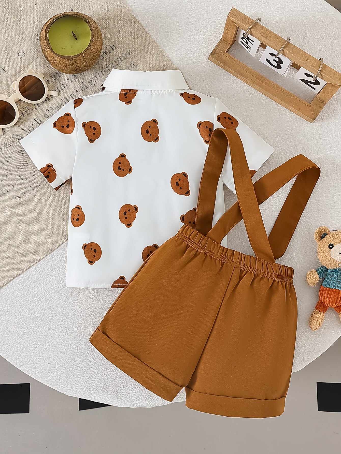 0-3 Years Old Baby Boy Spring Summer Loose Overalls Set, Cute Bear Head Full Print Lapel Open Front Shirt And Light Brown Overalls Shorts, Gentleman Style, Bow Decor, Suitable for Daily, Outdoor, Casual, Vacation, Party, Back to School, for Outdoor