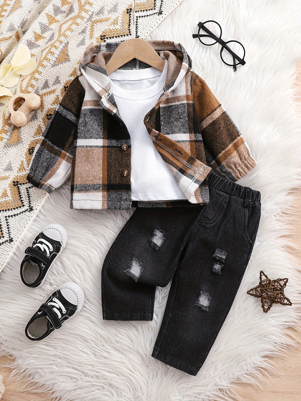 2pcs Boys' Long Sleeve Plaid Hoodie Top + Denim Pants, Casual Two-Piece Plaid Hoodie and Jeans Set for Baby Boys, Suitable for Holiday Parties, Gifts, and Daily Outings, Perfect for Outdoor, Newborn/Toddler Necessities