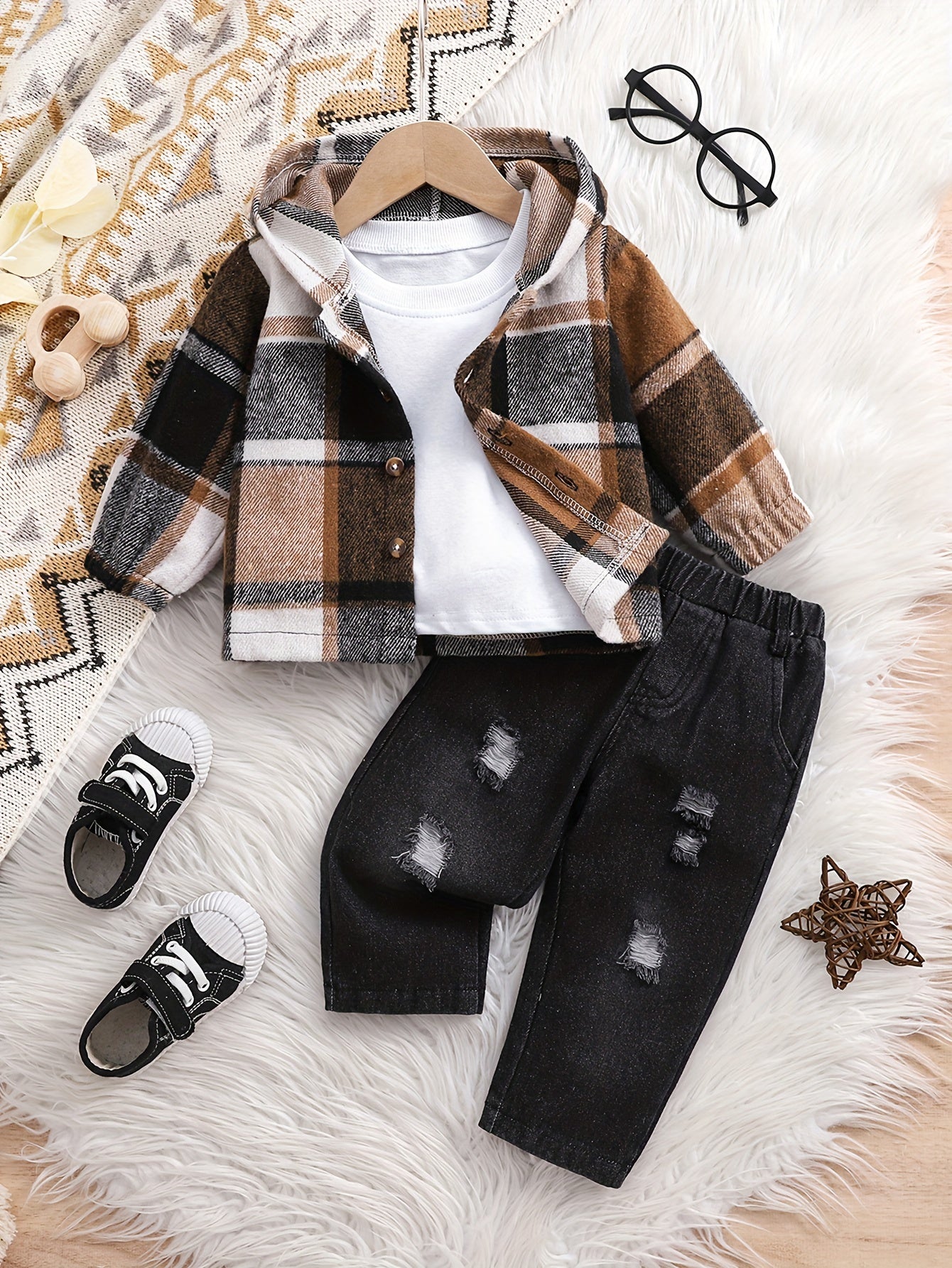 2pcs Boys' Long Sleeve Plaid Hoodie Top + Denim Pants, Casual Two-Piece Plaid Hoodie and Jeans Set for Baby Boys, Suitable for Holiday Parties, Gifts, and Daily Outings, Perfect for Outdoor, Newborn/Toddler Necessities