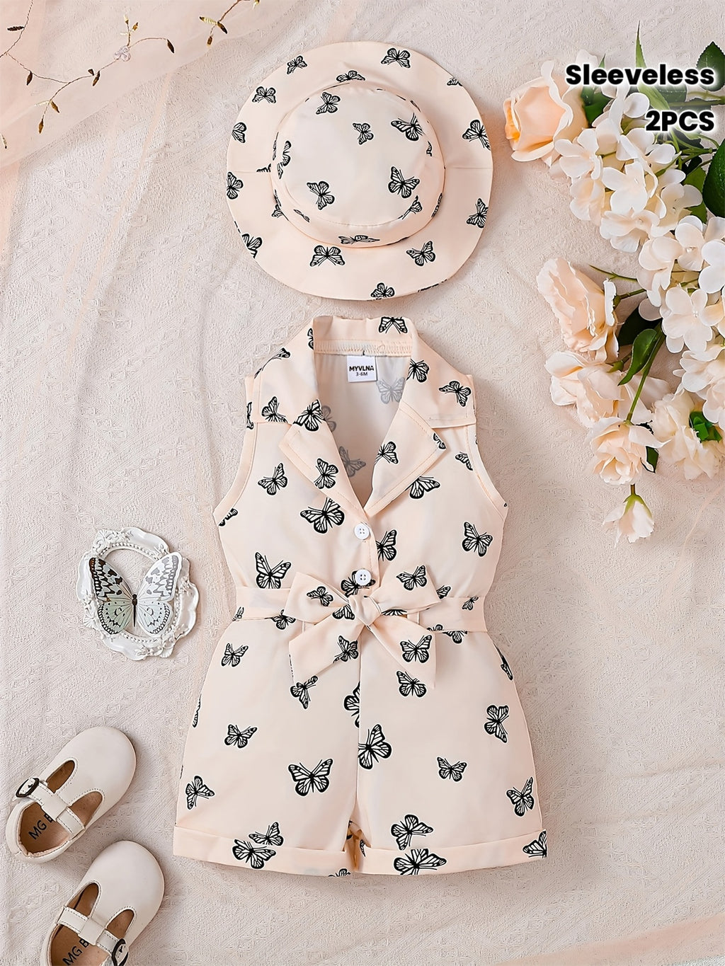 Cute All-Over Print Butterfly Sleeveless Collared Romper + Sun Hat 2pcs Set