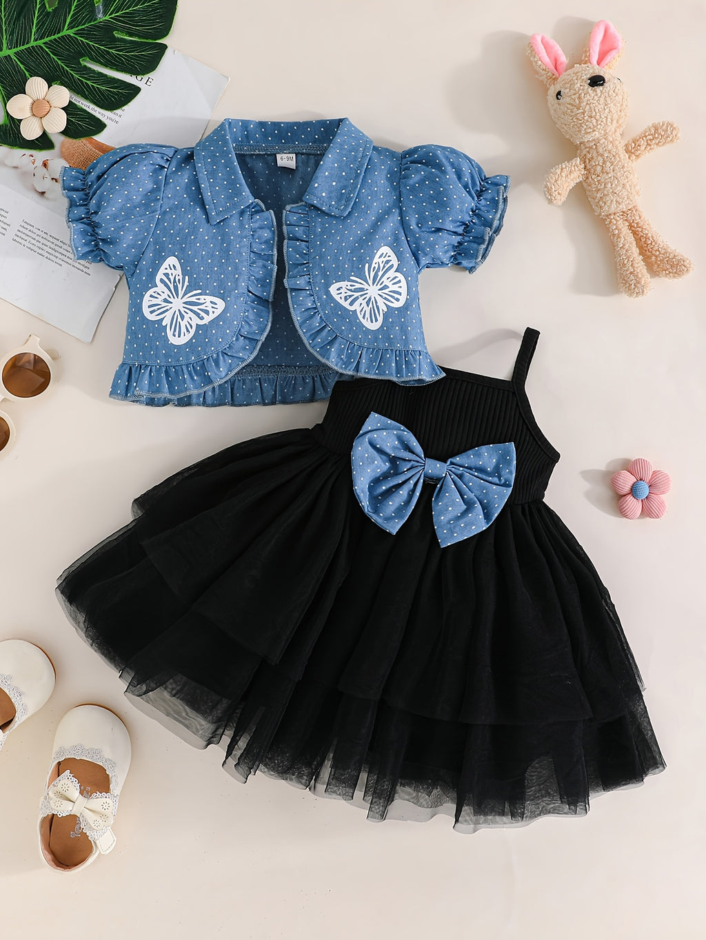 Girls' Camisole Dress Set with Bow and Butterfly Print
