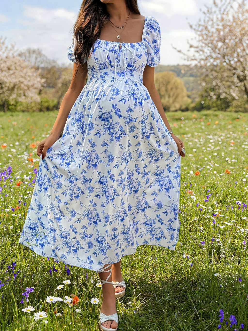 Maternity Floral Dress | Square Neck Puff Sleeve Summer Long Dress