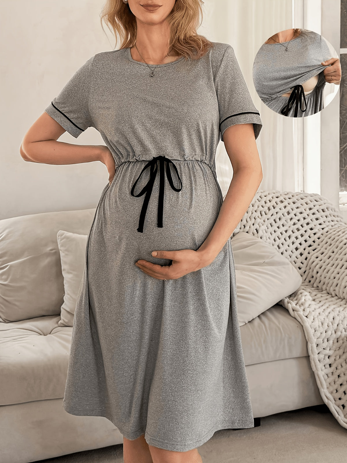Maternity Casual Loose-Fit Drawstring Short-Sleeve Nursing Loungewear Nightdress
