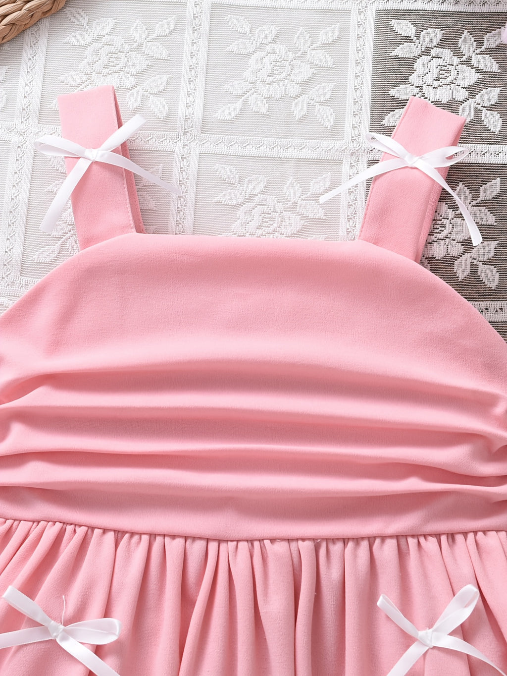Sweet and Adorable Fairy-style Summer Dress for Little Girls, Featuring a 3D Bow-decorated Spaghetti Strap Bodycon Gathered Bud Skirt in Pink. Suitable for Girls' Birthday Parties, Gatherings, and Daily Outings