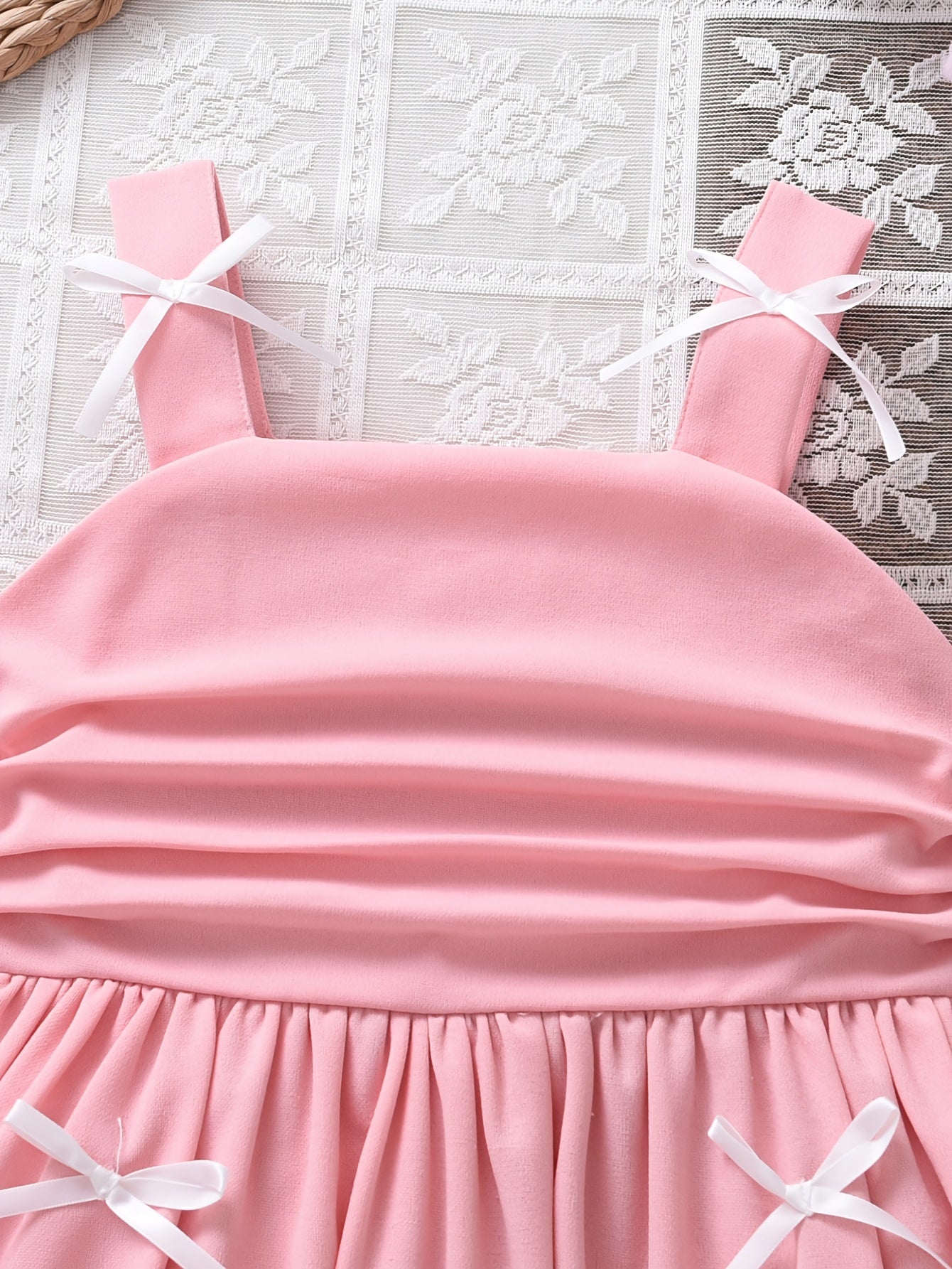 Sweet and Adorable Fairy-style Summer Dress for Little Girls, Featuring a 3D Bow-decorated Spaghetti Strap Bodycon Gathered Bud Skirt in Pink. Suitable for Girls' Birthday Parties, Gatherings, and Daily Outings