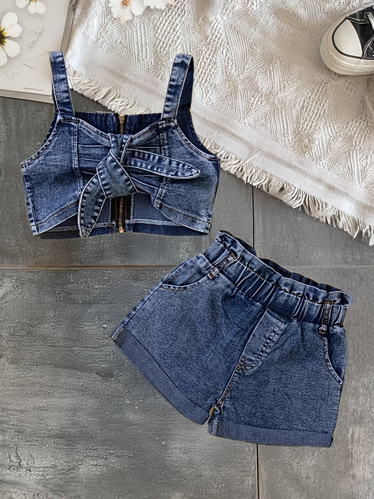 Girls' Denim Set with Bow Detail and Cuffed Shorts
