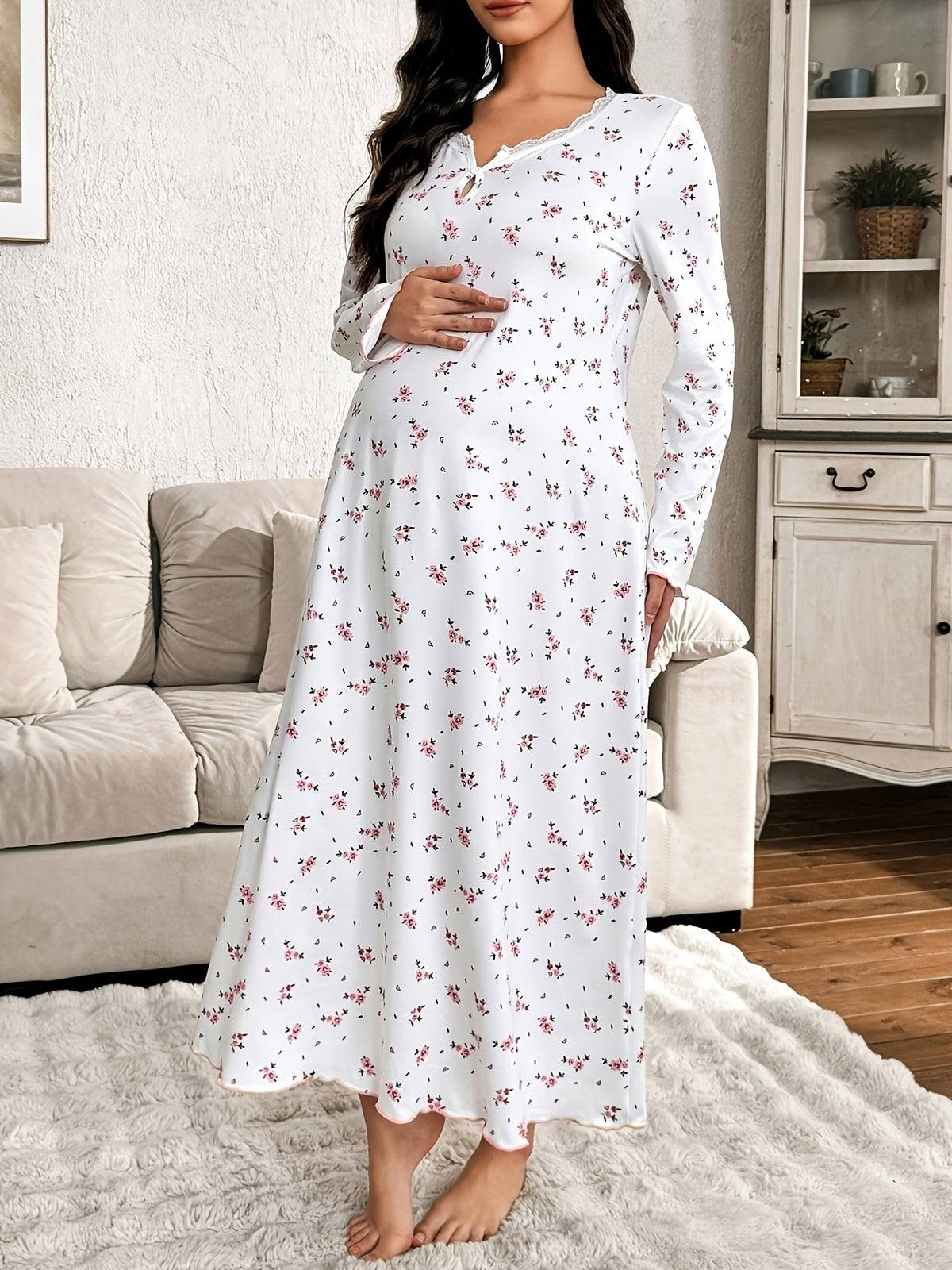 Maternity Lace Splicing V-Neck Loose Floral Long Sleeve Nightgown