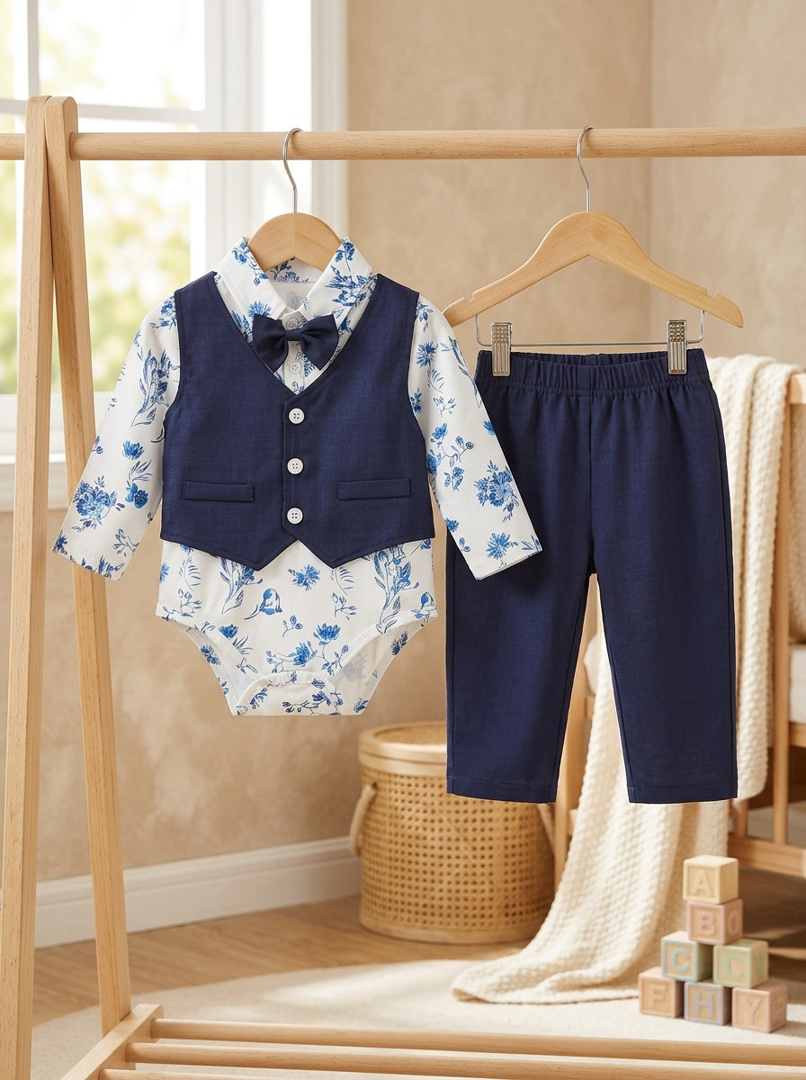 Boys' Fashion Gentleman Set, Long-Sleeved Patterned Romper with Vest and Pants 3pcs Outfit, Autumn/Winter Style