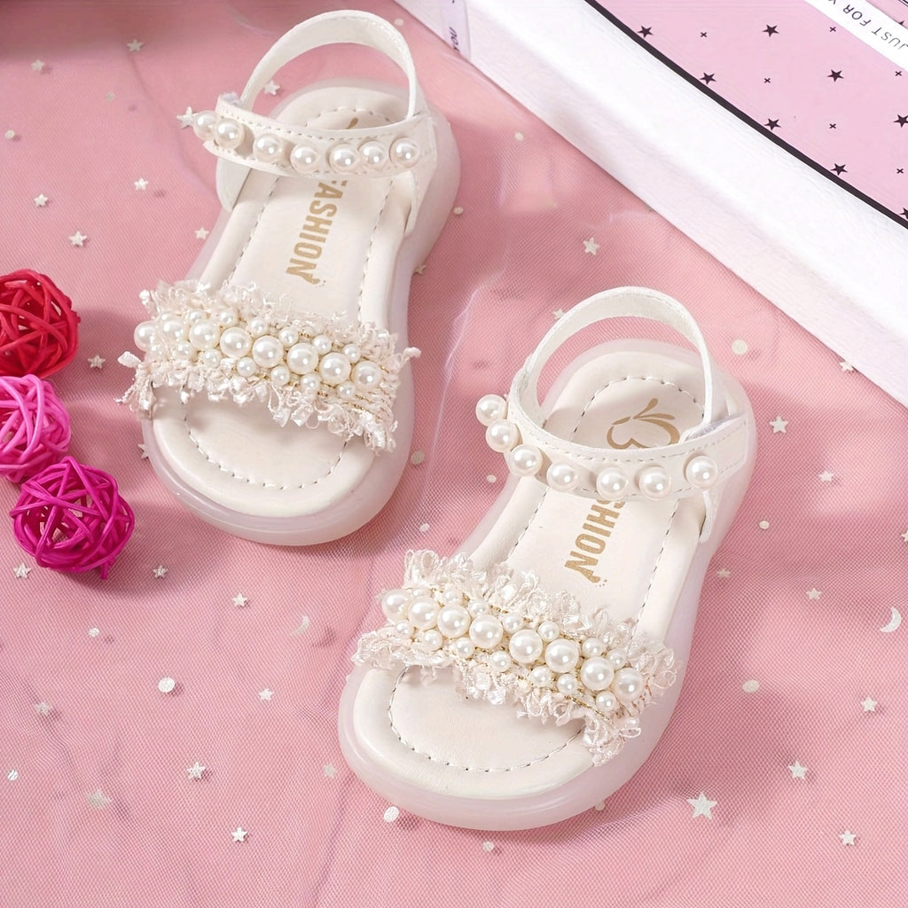 1 Pair of Sparkling Pearl Princess Sandals for Girls - Stylish, Breathable & Comfortable with Closure, Lightweight Non-Slip Summer Shoes for Indoor/Outdoor Play, Beach & Casual Wear, Strappy Sandals