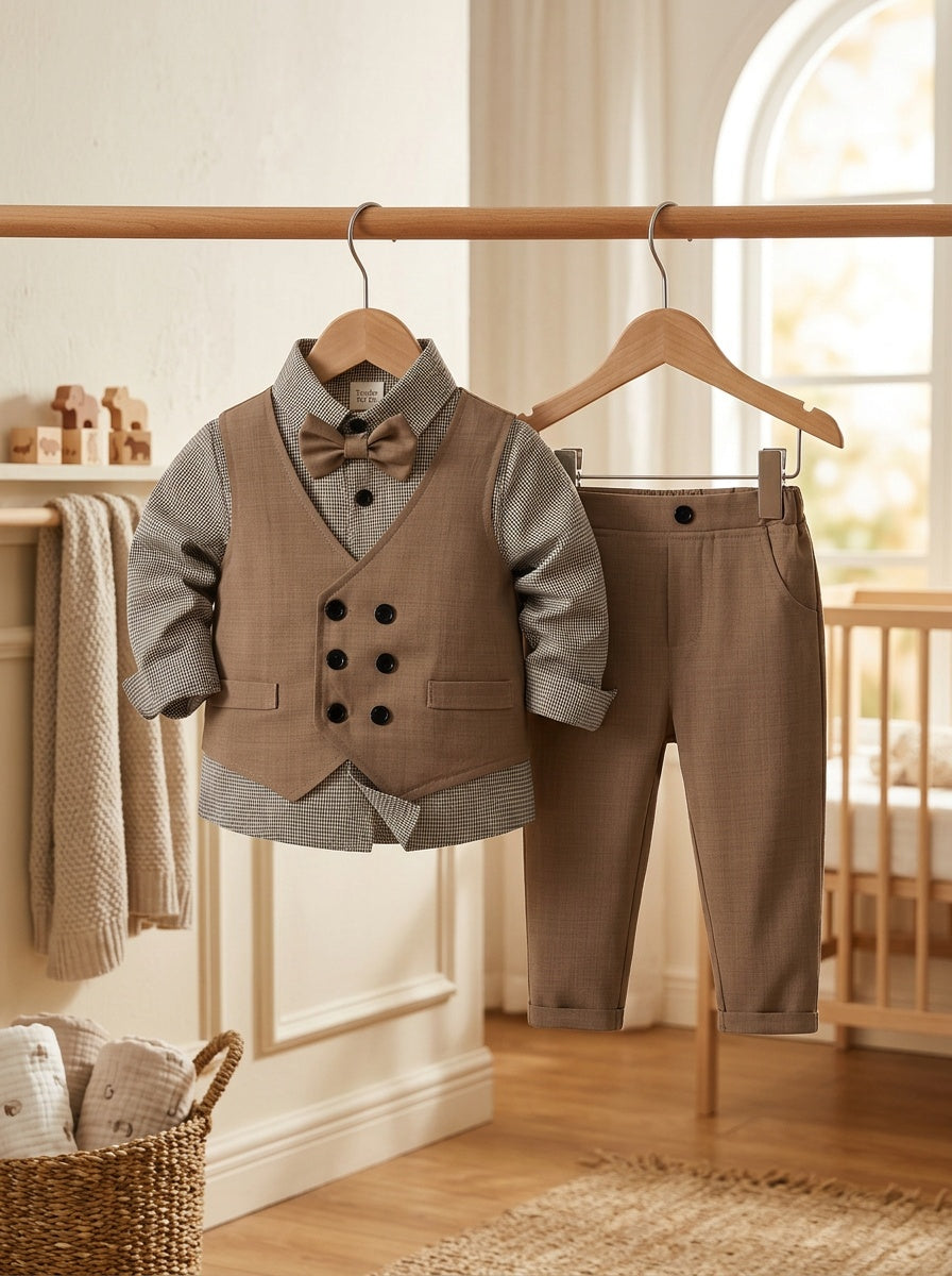 Infant & Toddler Gentleman's Formal Wear Set: Plaid Shirt, Double-Layer Vest, Pants, and Bow Tie - Elegant Suit for Baby's First Birthday Party, Christening, or Special Occasions