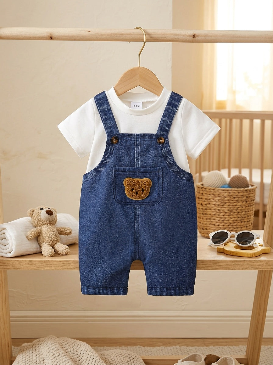 Fashionable Boys' Solid Color Short-Sleeve T-Shirt and Denim Overalls with Pockets