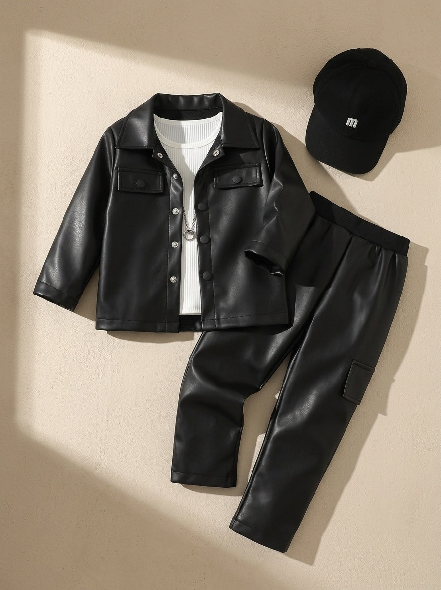 2-Piece Boys' Autumn/Winter Long Pants Set, Black Jacket & Black Pants 2pcs Set, Comfortable, Versatile, and Stylish Casual Outfit for Kids, Suitable as a Gift, Perfect for Outdoor