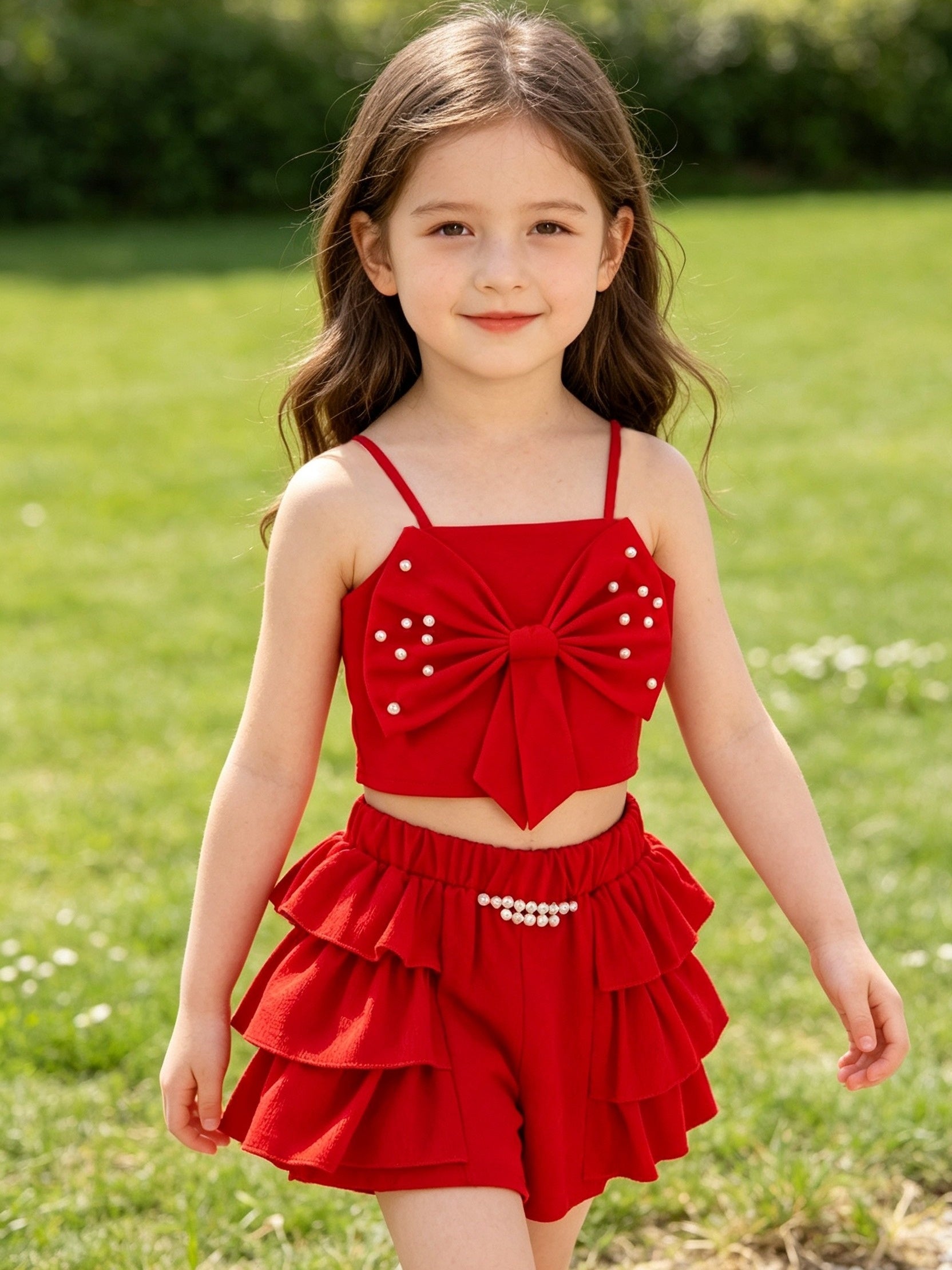 Girl's Elegant and Sweet Red Camisole Top with Red Casual Shorts 2pcs Set
