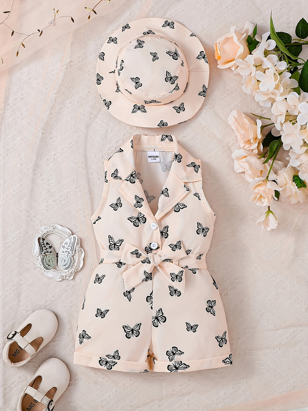 Cute All-Over Print Butterfly Sleeveless Collared Romper + Sun Hat 2pcs Set