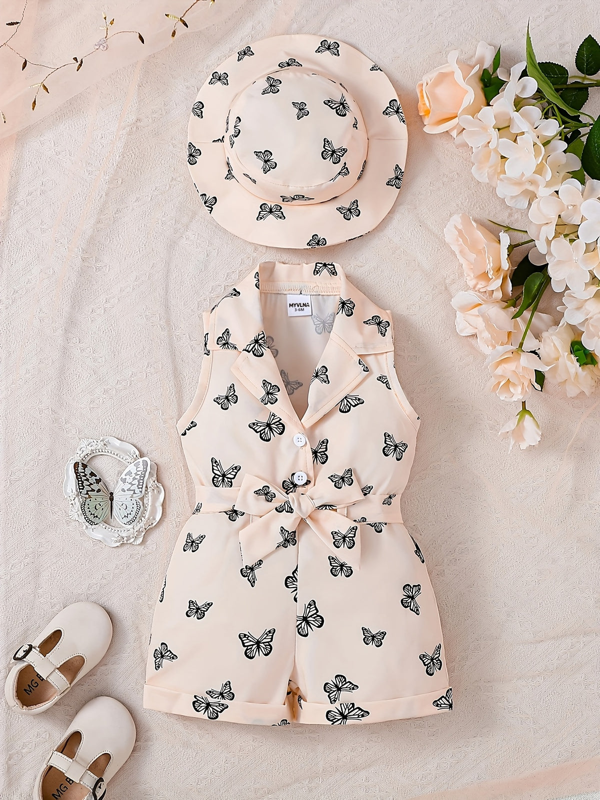 Cute All-Over Print Butterfly Sleeveless Collared Romper + Sun Hat 2pcs Set