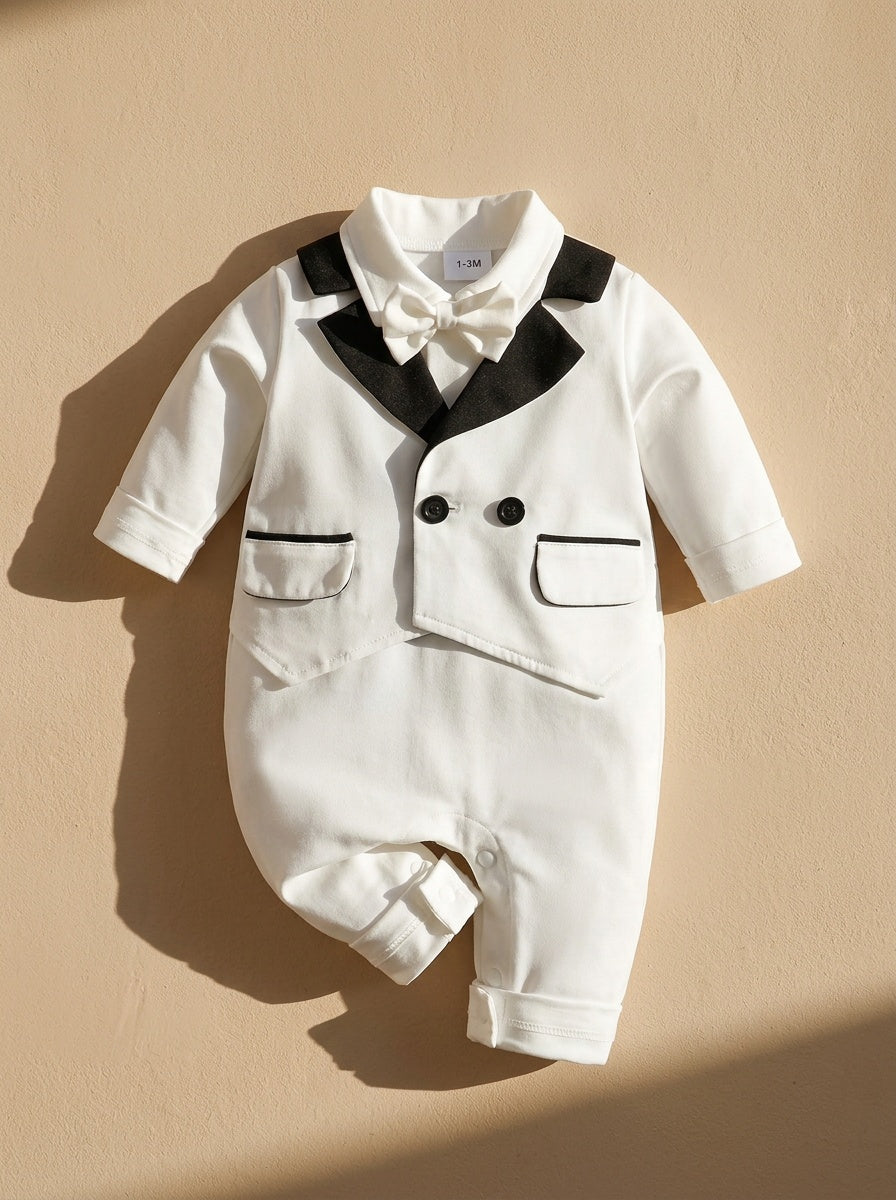 Newborn Boy Spring/Fall Party Handsome Vest Faux Two-Piece Gentleman Dress Long Sleeve Baby Romper
