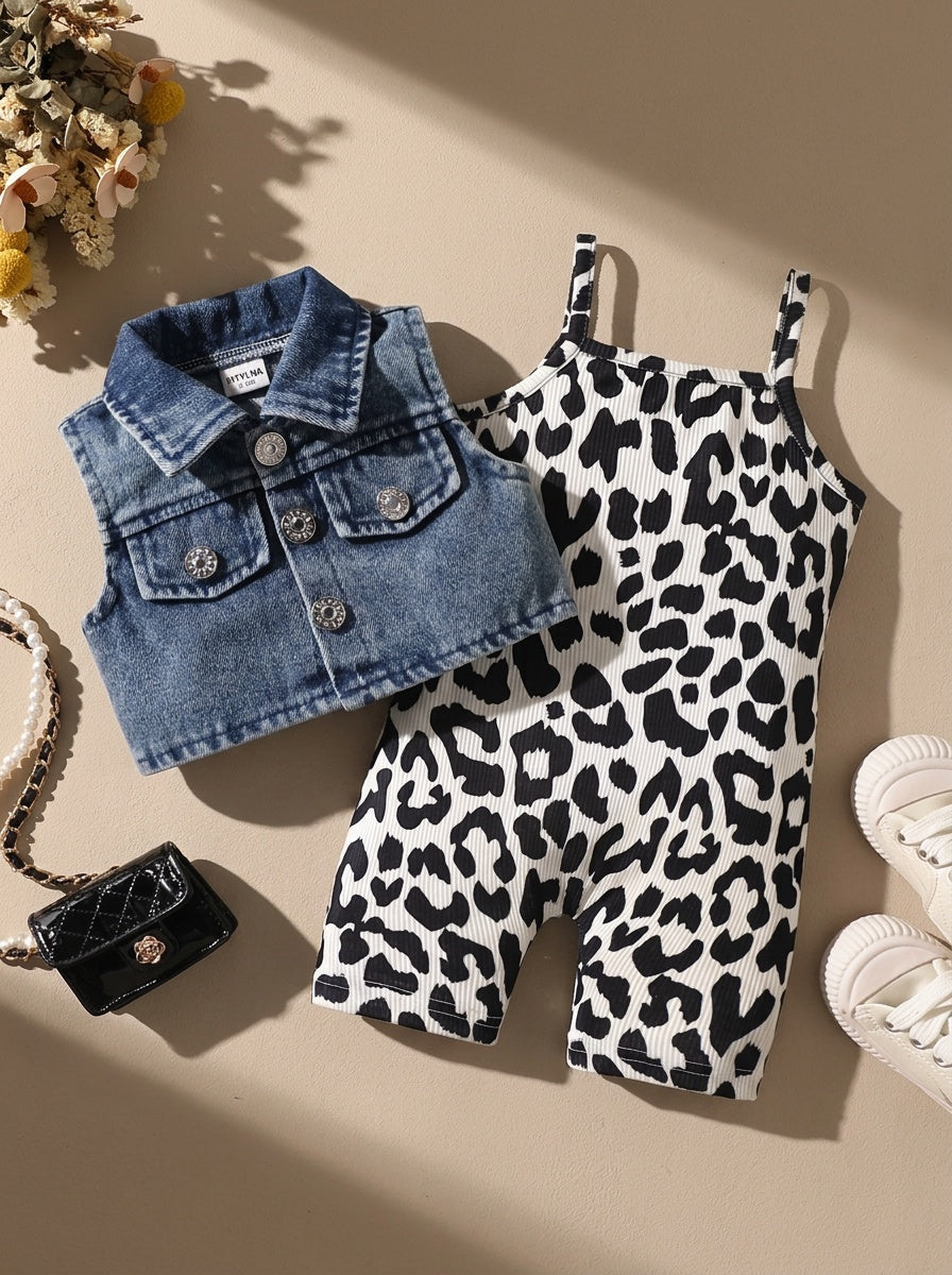 Baby Denim Vest and Leopard Print Jumpsuit Set