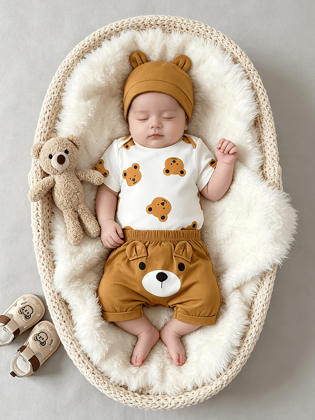 Newborn Baby Boy Summer Cute Bear Print Short-Sleeve Romper + Cartoon Print Shorts + Hat 3pcs Set, Suitable for Boys' Summer Wear, Comfortable Fabric, Perfect Gift Choice, Perfect for Outdoor