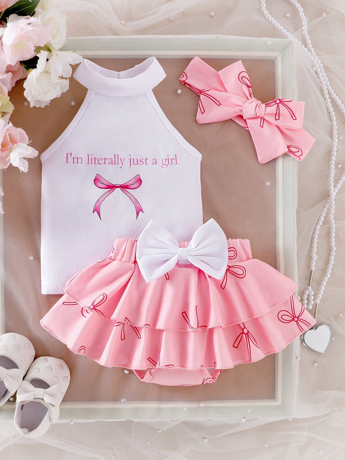 Girl's Sleeveless Halter Neck Pink Bow Top + Pink Bow Print Shorts + Bow Print Headscarf, Perfect for Outdoor