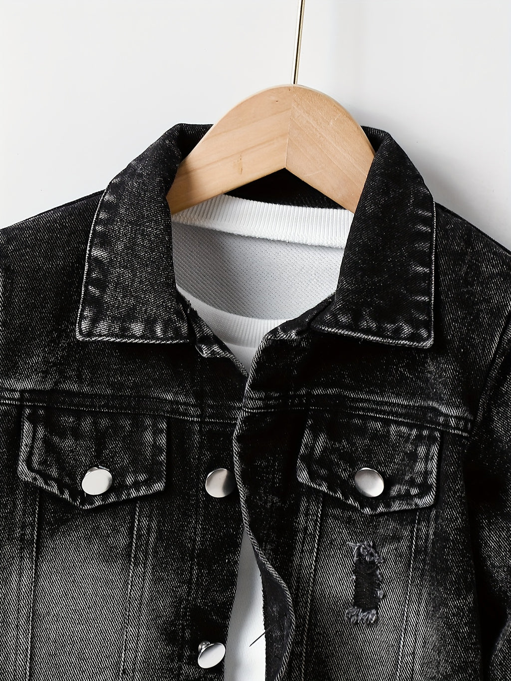 2pcs Boys' Autumn Back-To-School Outfit for Ages 3-8, Black Denim Casual Street Style with Lapel, Ripped Details, Button-Up Long Sleeve Jacket And Pocketed Elastic Waist Long Pants, Comfortable And Fashionable for Daily Wear, Perfect for Spring