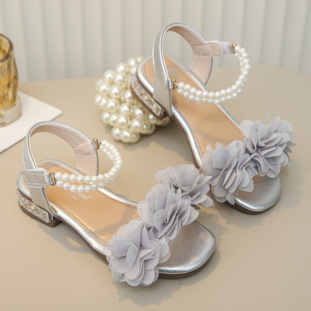 One Pair Girls Flower Sandals with Pearl Strap, Open-Toe Design, Soft Comfortable Footbed, Ideal for Weddings, Parties, and Summer Outfits