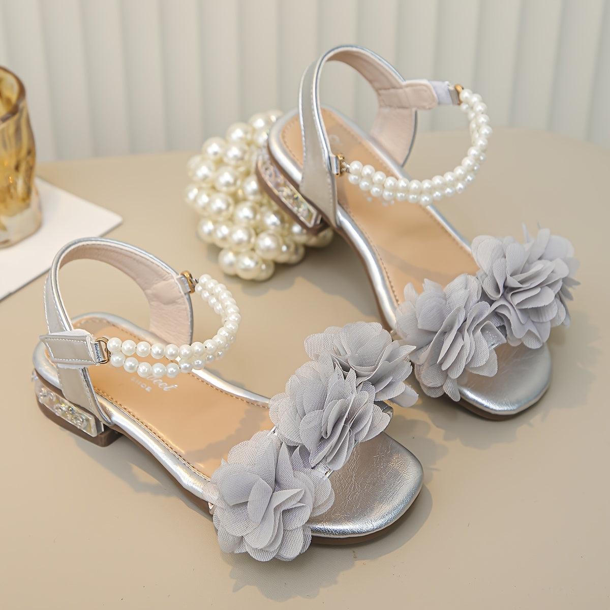 One Pair Girls Flower Sandals with Pearl Strap, Open-Toe Design, Soft Comfortable Footbed, Ideal for Weddings, Parties, and Summer Outfits