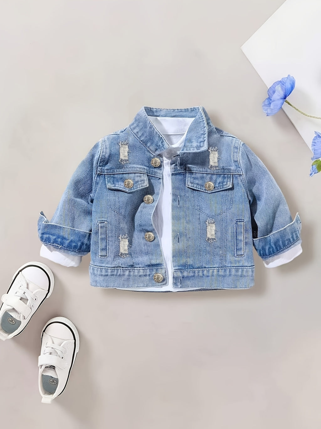 Baby Boy Autumn And Winter Casual Long-Sleeved Light Faux Denim Jacket with English Letters on The Back, for Outdoor Activities, 1pc