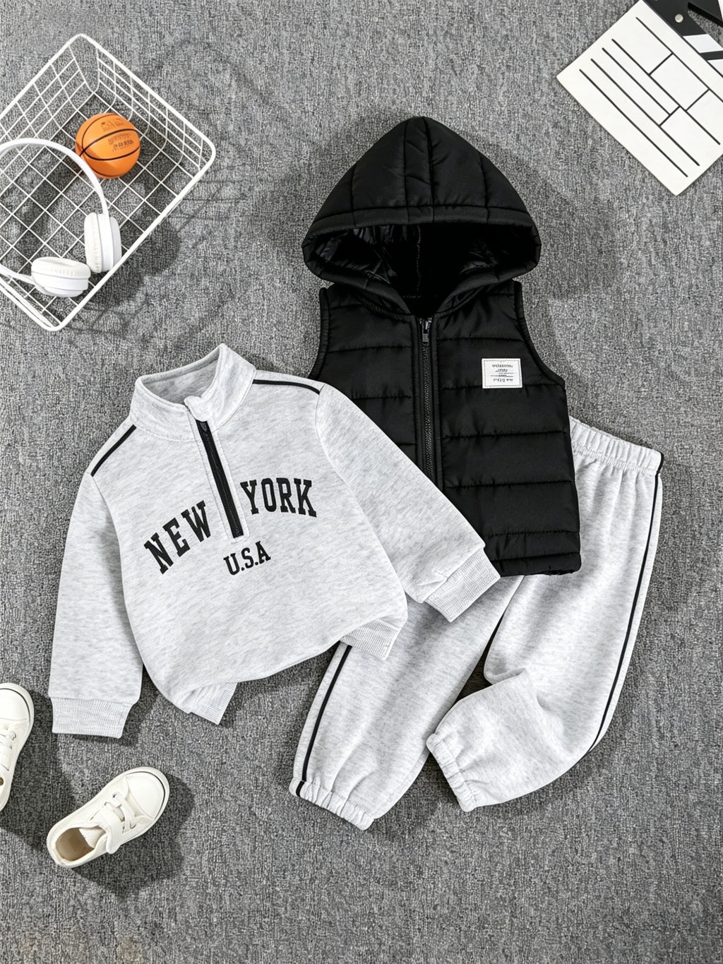 3pcs Boys' Autumn/Winter New Arrival New York Letter Print Stand Collar Solid Color Sweatshirt, Long Pants, and Casual Fashion Hooded Vest, Perfect for Outdoor