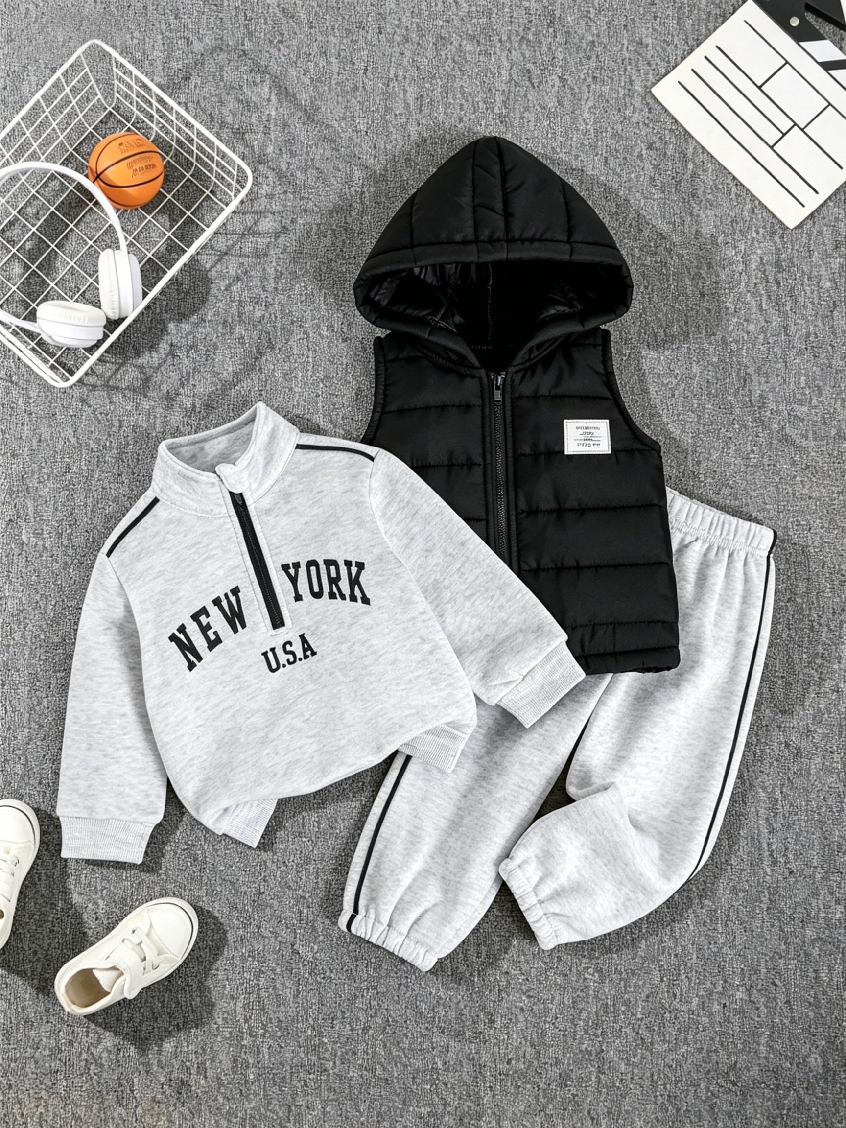 3pcs Boys' Autumn/Winter New Arrival New York Letter Print Stand Collar Solid Color Sweatshirt, Long Pants, and Casual Fashion Hooded Vest, Perfect for Outdoor